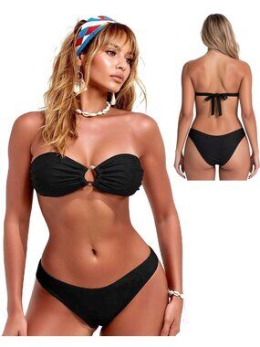 51. Lg Black Strapless Bandeau Bikini Set with O Ring Detail and High Cut Bottom